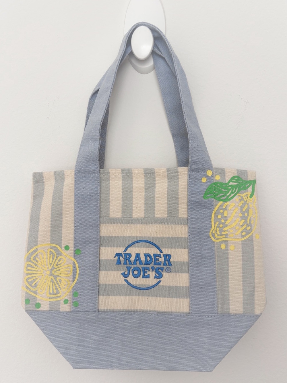Trader Joe's Blue Canvas Striped Mini Tote Bag - Hand Painted